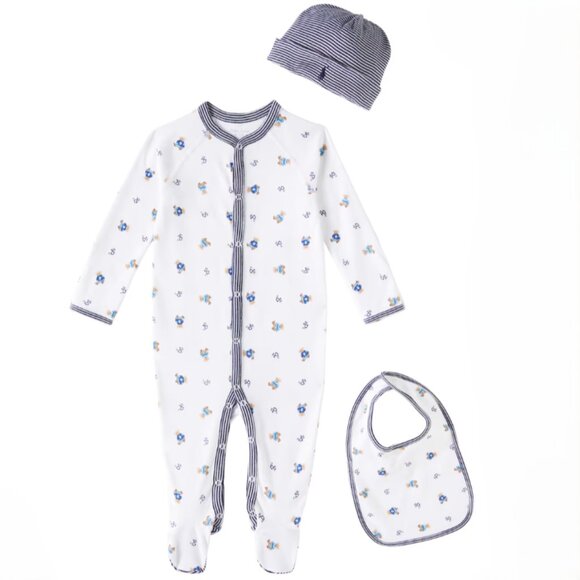 Ralph Lauren Polo Baby Onesie, Bib & Beanie Gift Set in White/Blue Size 9M - NWT - Picture 2 of 9